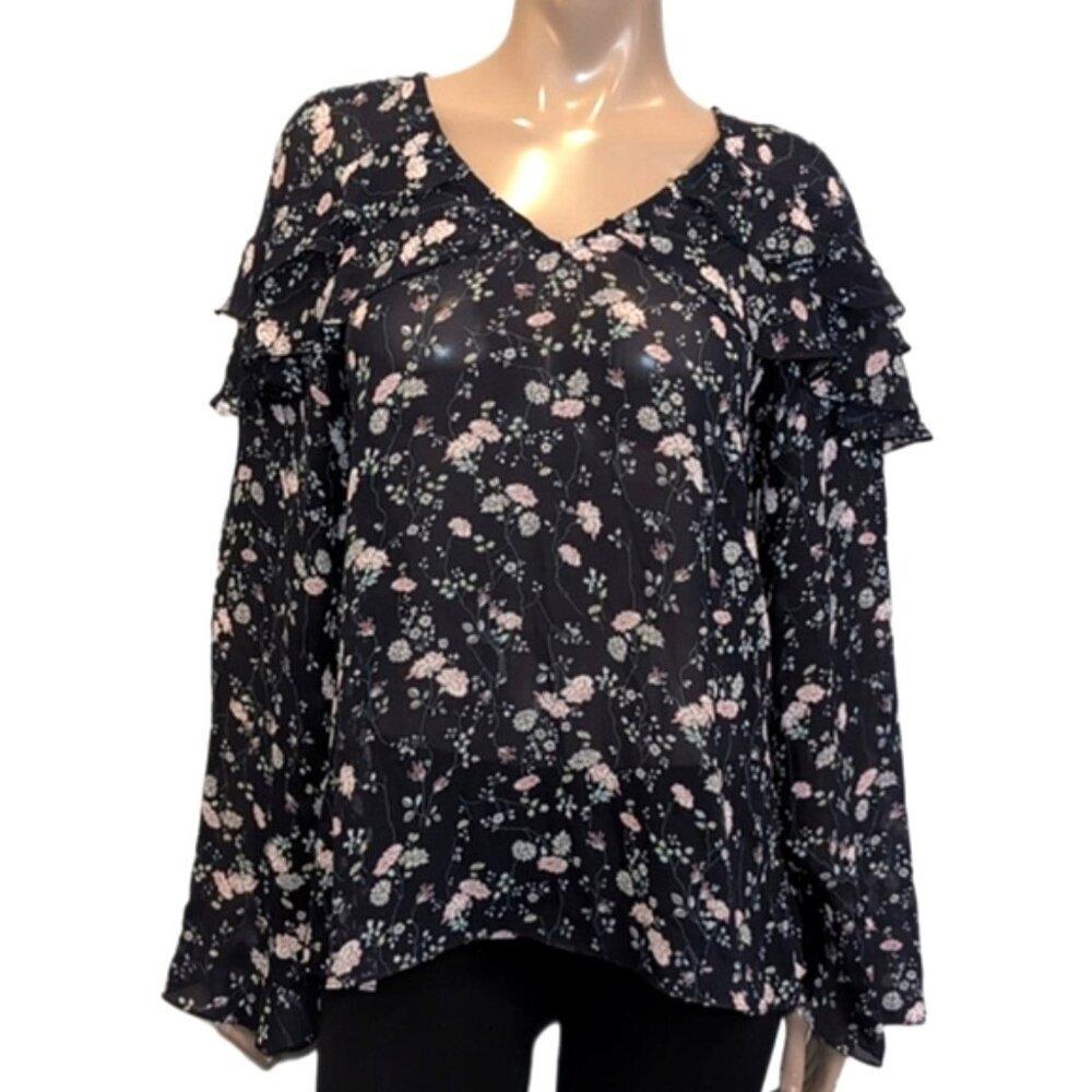 3/$20 Love Riche Boho Floral Top Long Sleeve Ruffled Vneck Womens Size Medium